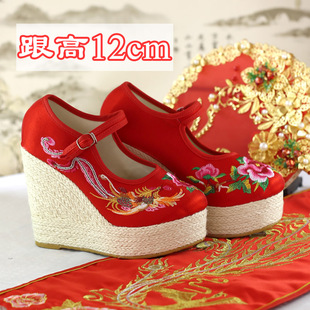 12cm跟高跟结婚鞋子新娘红鞋子秀禾服鞋坡跟鞋汉服中式婚礼好走路