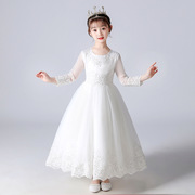 白色裙网袖网纱裙子连衣裙儿童长款蕾丝礼服女夏季花童装公主