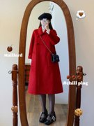 2024年新年战袍红色呢子大衣女装小个子中长款毛呢外套女冬季