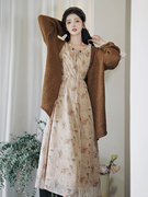 早春女装新中式复古长袖雪纺连衣裙，配慵懒风，毛衣外套开衫两件套