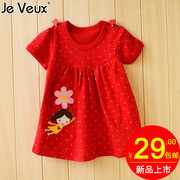 夏季婴幼儿纯棉短袖女红色圆点，女孩圆领t恤0-2岁宝宝衣服公主裙