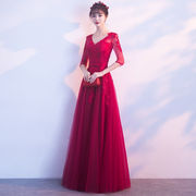 麦斯贝思新娘敬酒服春季v领蕾丝长款显瘦红色，结婚晚礼服大合唱团