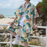 休闲夏威夷衬衫短裤夏季潮流，宽松短袖日系大码海边情侣沙滩套装男