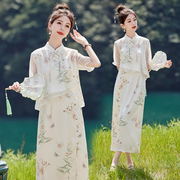 新中式国风气质套装裙女夏季2024盘扣改良旗袍，印花两件套裙子