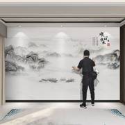 新中式水墨山水电视背景墙壁纸，客厅3d顺风顺水，壁画书房无缝墙纸8d