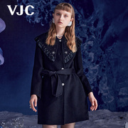 vjc威杰思秋冬女装黑色，绵羊毛小香大衣，荷叶边系带外套