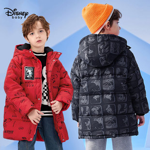断码迪士尼冬装男童，加厚中长款羽绒服中小童，宝宝满印白鸭绒外套