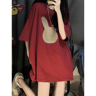 欧货大版酒红色t恤女夏季洋气vintage美式短袖高个子加长版七分袖