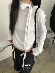 exclusivetype韩国个性设计领口绑带立领纯色百搭长袖，打底t桖衫