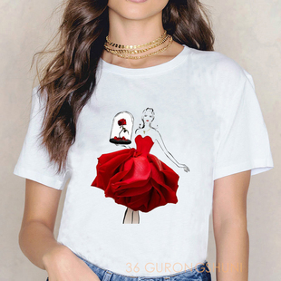 Rose Women T shirt 时尚3D红色玫瑰花裙印花女士短袖休闲T恤上衣