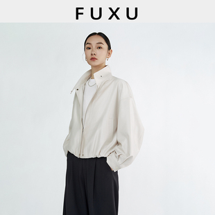 芙蕖FUXU 设计感立领缎面上衣下摆松紧宽松拉链夹克衫短款外套女