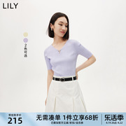 LILY2023夏女装气质优雅V领纯色通勤款修身短袖毛针织衫内搭