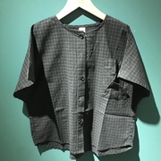 实体童装店 设计师童装品牌央青 男童夏季墨绿色格纹短袖衬衫