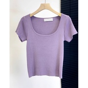 香芋紫色u领短袖t恤女夏季冰丝针织，打底衫短款修身别致绝美小上衣