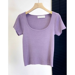 香芋紫色U领短袖t恤女夏季冰丝针织打底衫短款修身别致绝美小上衣