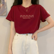 红色复古短袖老虎t恤女2024夏季纯棉，显瘦正肩上衣韩版半袖潮