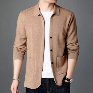 春秋季薄款羊毛开衫男士韩版修身外穿纯色休闲翻领针织衫外套