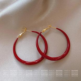 铜合金耳饰13737(重工版，)手工红色耳环，女大素圈轻奢高级气质耳饰