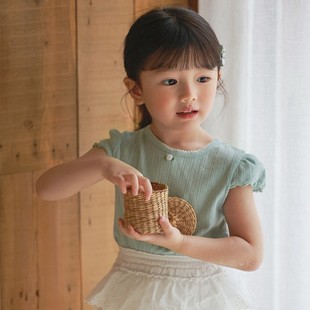 大卜菜韩国童装amber24夏甜美花朵木耳边镂空棉质短袖T恤