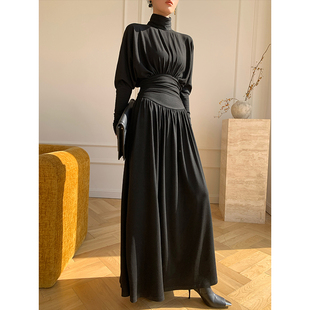 WANGXO黑色设计感长袖高领针织连衣裙女2024春季修身内搭长裙