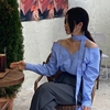 韩国东大门 2024女装复古V领系扣肩带露肩休闲长袖衬衫上衣女