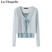 拉夏贝尔/La Chapelle短款修身披肩镂空绑带针织衫背心两件套