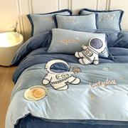 冬季男孩宇航员牛奶绒四件套加厚双面，珊瑚绒儿童卡通被套床上用品