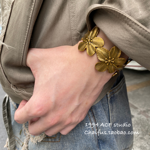 柴夫工作室/S216 欧美复古花朵宽版手镯小众个性设计感开口手饰