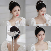 韩式新娘头饰珍珠王冠花朵发夹后区盘花简约造型婚纱礼服配