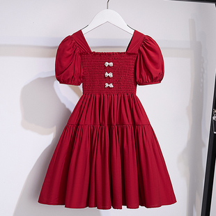 女童红色洋装夏季2023洋派时髦小女孩网红炸街款雪纺公主裙