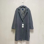品牌下架韩版女麻灰色，条纹羊毛呢西装，领宽松薄呢中长款大衣