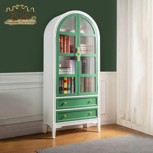美式实木书柜绿色收纳书架拱形，玻璃门储物柜法式田园风手办展示柜