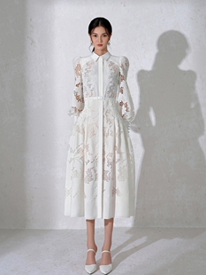 越南设计师小众蕾丝刺绣衬衫裙白色长袖法式连衣裙名媛风小礼服