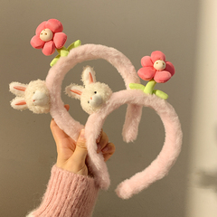 可爱兔子粉色花朵毛绒发箍