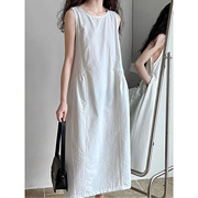夏季白色连衣裙女2024韩版高级感简约收腰气质圆领无袖背心裙