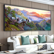 山水风景仙鹤客厅纯手绘油画，现代新中式沙发紫气东来装饰画日出挂