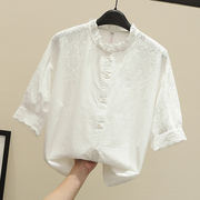 纯棉白色衬衫女七分袖，夏装镂空刺绣花蕾丝衬衣立领宽松上衣仙