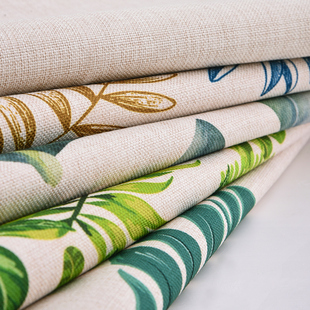 北欧植物印花棉麻布料桌布麻布，沙发面料老粗布亚麻布窗帘处理