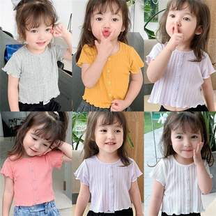 韩版女童短袖t恤夏季女宝宝，薄款坑条洋气，弹力短款纯色上衣潮