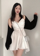 ㊣韩国24春chic女人味胸前褶皱可爱裙摆吊带连衣裙