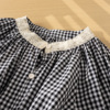 设计感小众镂空蕾丝，拼接圆领长袖衬衫，女2024春秋法式格子上衣
