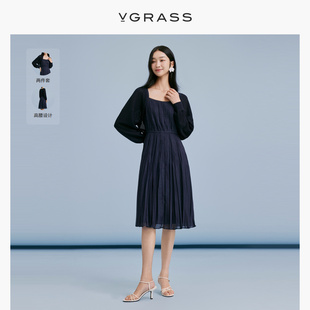 VGRASS两件套密裥初春连衣裙夏季藏蓝色气质裙子女VSL4O23720