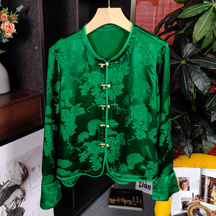大牌撤回女装新中式国风，盘扣提花真丝，上衣绿色衬衫桑蚕丝衬衣