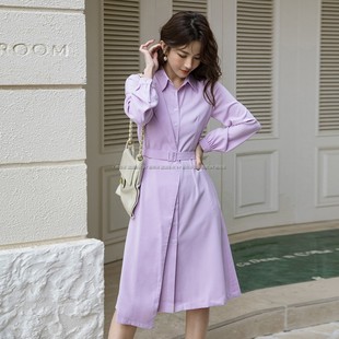 优雅长袖连衣裙垂感显瘦紫色翻领气质通勤白领衬衫裙子2472
