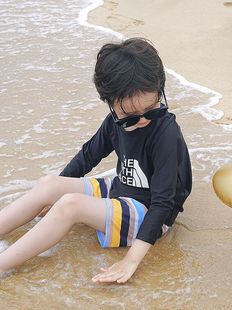 韩范儿童泳衣男童连体短袖防晒彩条纹泳装 宝宝婴幼儿游泳衣