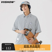 VIISHOW潮牌日系条纹短袖休闲衬衫男夏季情侣宽松百搭学院风衬衣