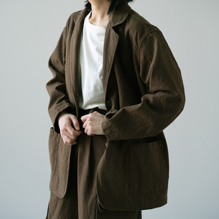 布兜-云芝元原创小众汉麻棉混纺宽松廓形西装咖绿色休闲外套