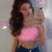 欧美Instagram 少女粉色毛绒吊带上衣女百搭短款露脐抹胸上衣