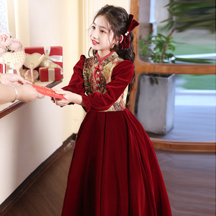 红色女童礼服主持人高端公主裙冬季儿童花童婚礼小女孩钢琴演出服