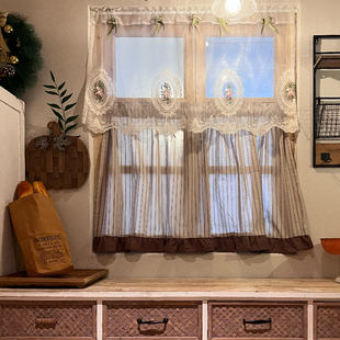 法式复古免打孔咖啡帘搭配半帘美式厨房窗帘门帘粘贴魔术贴定制